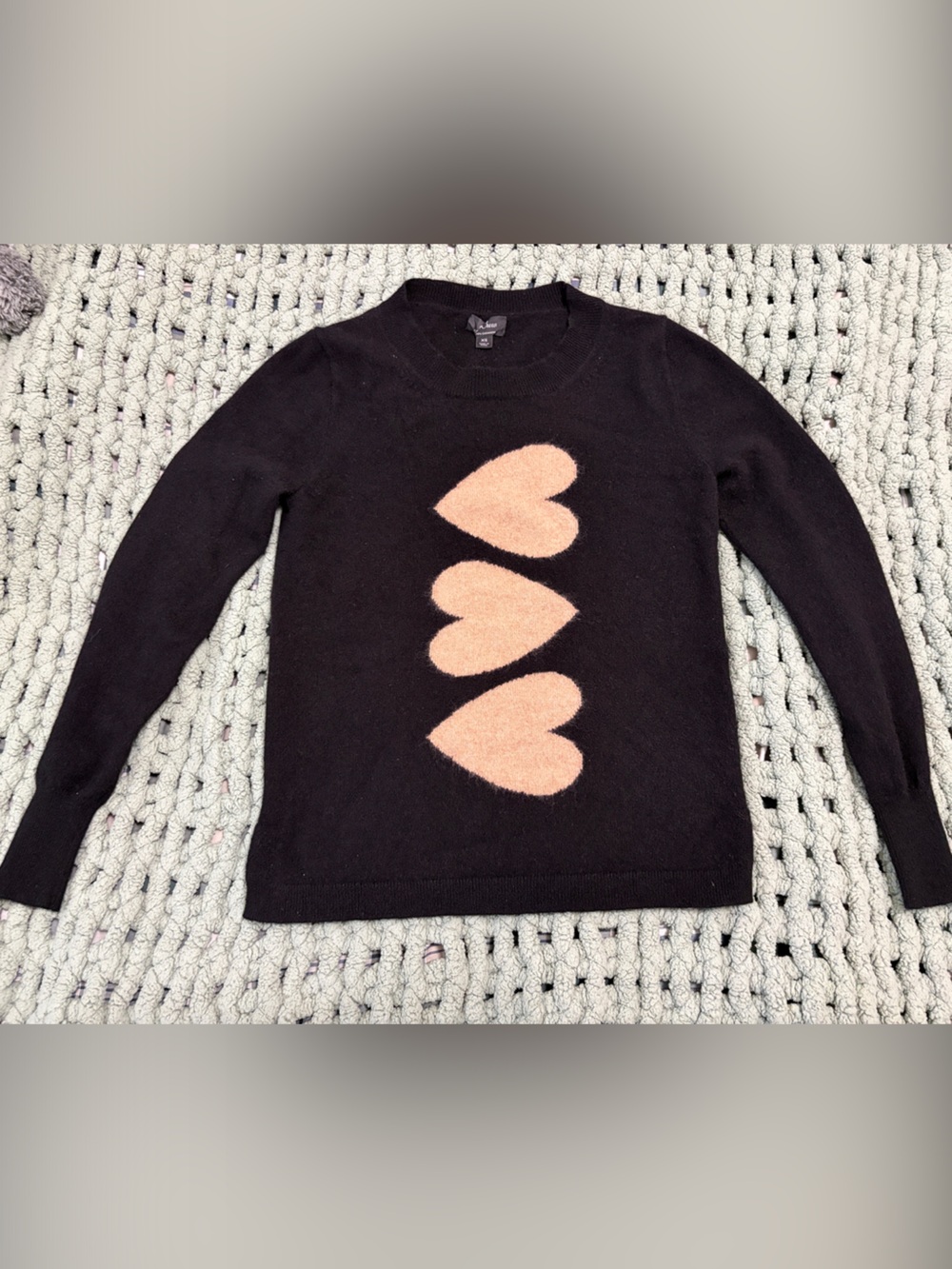 Black Sweater with Pink Heart Motif - Women's Cozy Crewneck